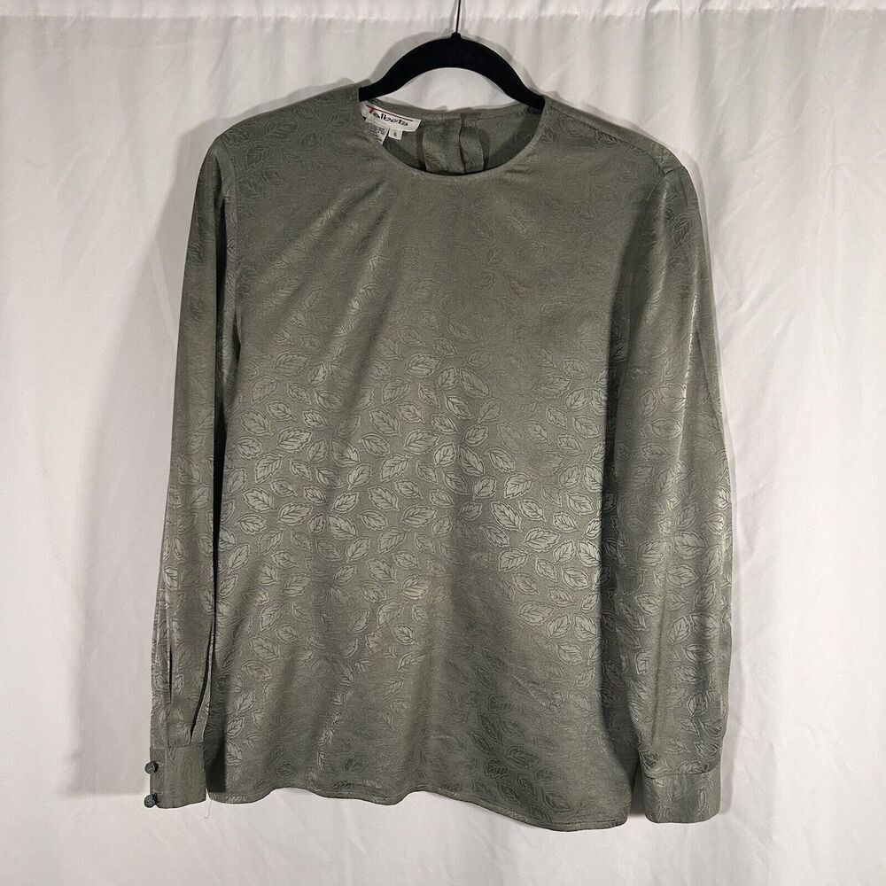 Talbots Silk Shirt Women's 6 Solid Green Floral Long Sleeve Round Neck Dry Clean